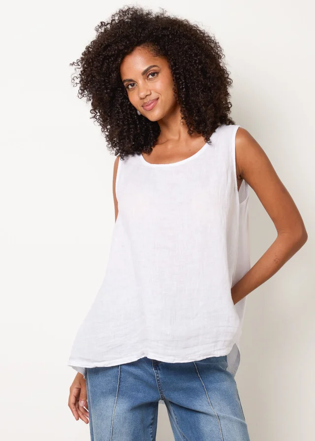 Blue Vanilla White Jersey Back Linen Woven Front Sleeveless Top