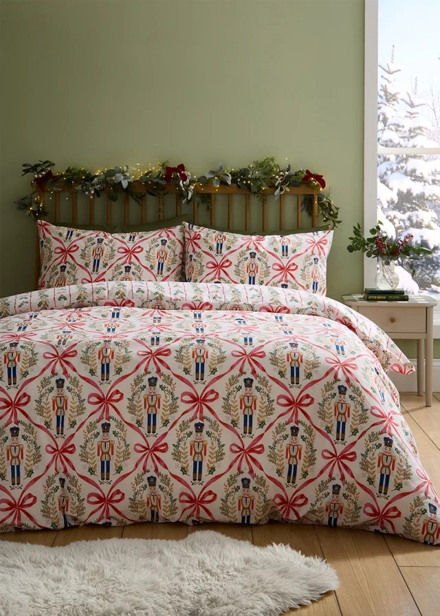 Catherine Lansfield Christmas Nutcracker Bows Reversible Duvet Cover Set Natural
