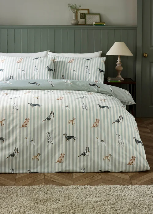 Catherine Lansfield Dog Stripe Reversible Duvet Cover Set Green - Single Image 1