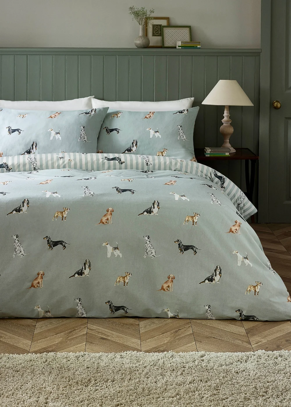 Catherine Lansfield Dog Stripe Reversible Duvet Cover Set Green - Single Image 2