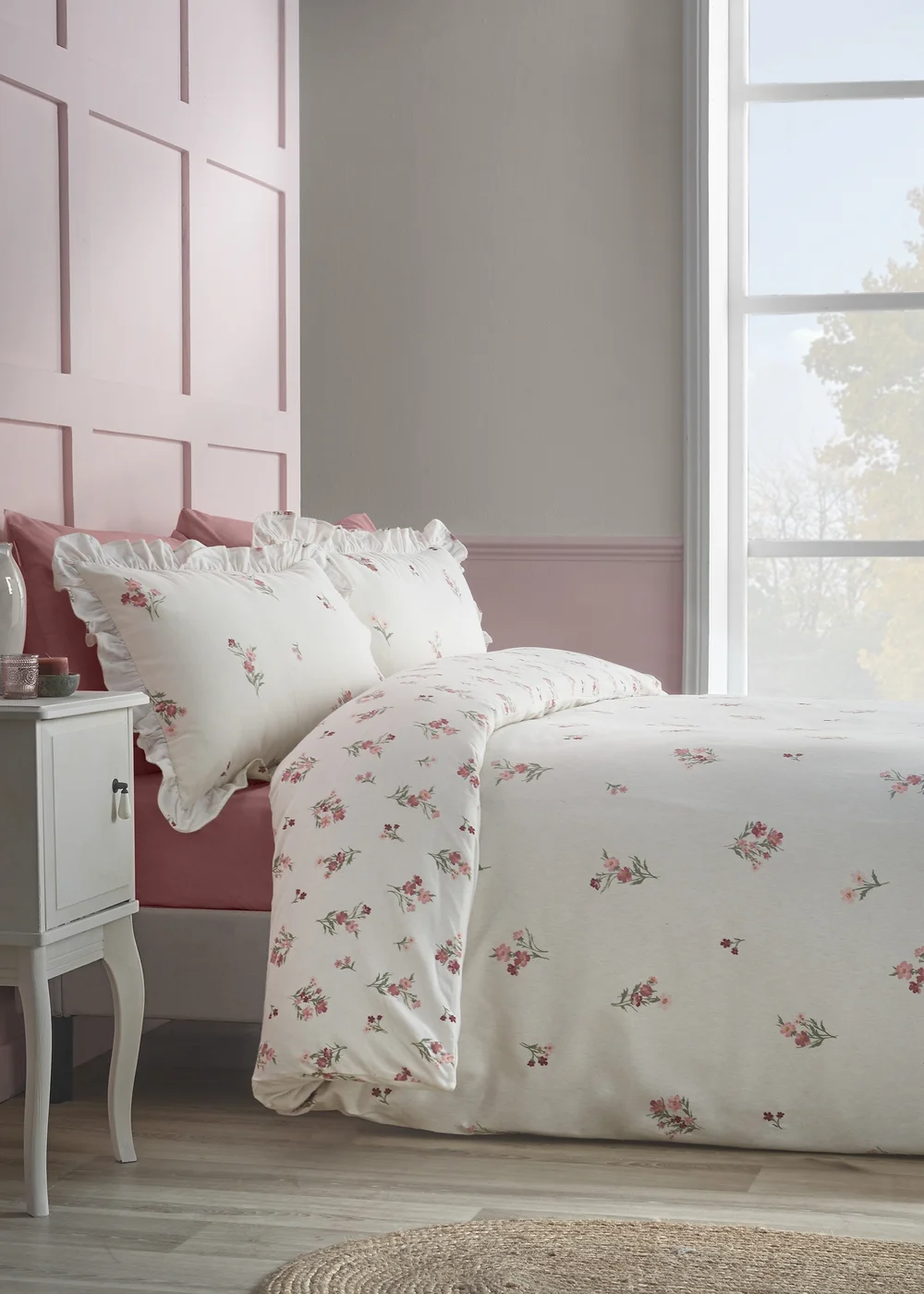Catherine Lansfield Brushed Ditsy Floral Cotton Reversible Duvet Cover Set Pink - Single Image 2