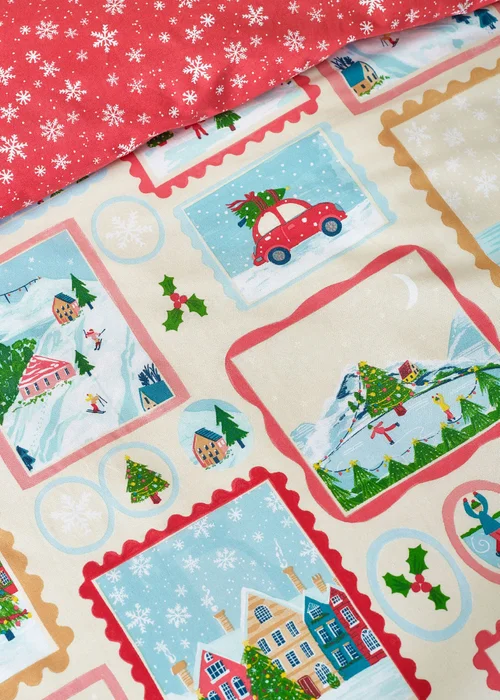 Catherine Lansfield Christmas Town Stamps Reversible Duvet Cover Set Natural - Single Image 4