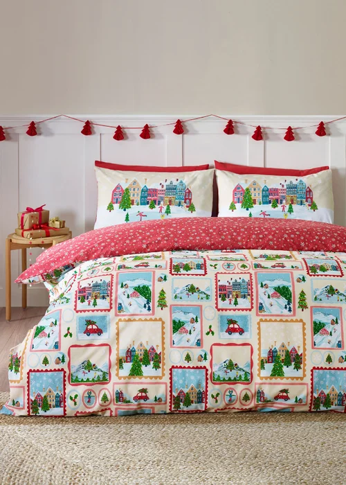 Catherine Lansfield Christmas Town Stamps Reversible Duvet Cover Set Natural - Single Image 1