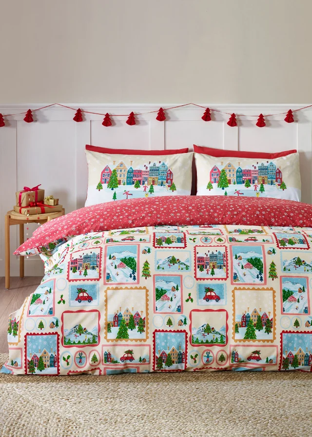Catherine Lansfield Christmas Town Stamps Reversible Duvet Cover Set Natural