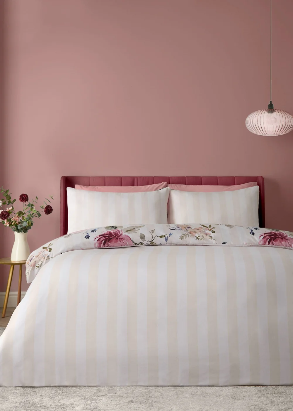 Catherine Lansfield Floral Stripe So Soft Reversible Duvet Cover Set Cream - Single Image 2