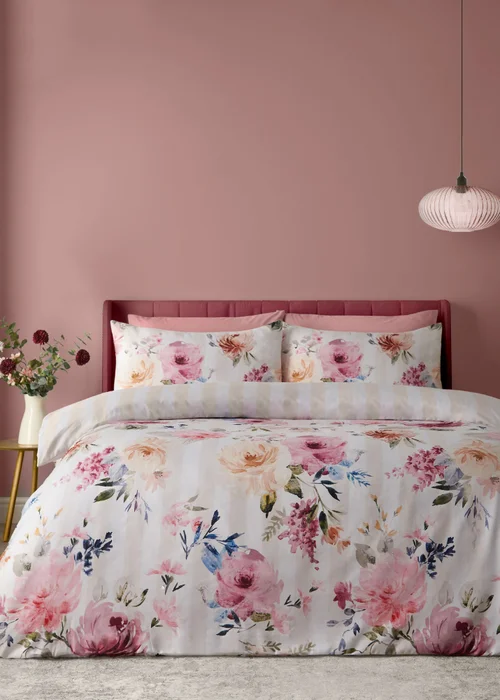 Catherine Lansfield Floral Stripe So Soft Reversible Duvet Cover Set Cream - Single Image 1