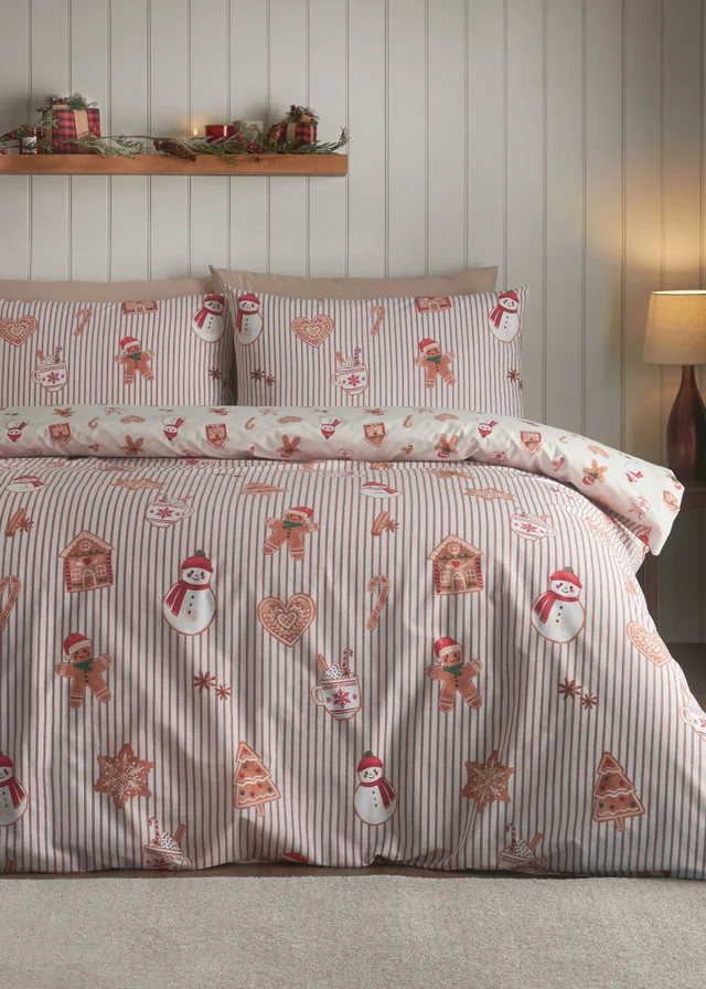 Catherine Lansfield Christmas Gingerbread Stripe Reversible Duvet Cover Set Natural