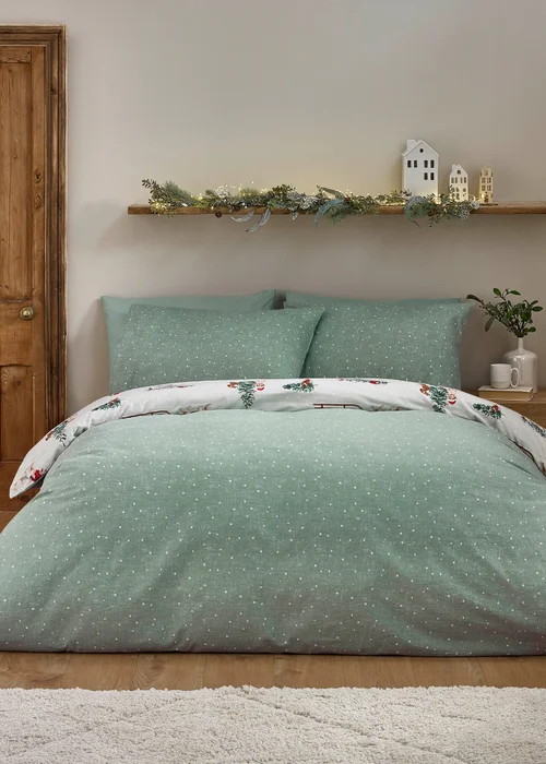 Catherine Lansfield Brushed Christmas Dogs Cotton Reversible Duvet Cover Set Green - Single Image 2