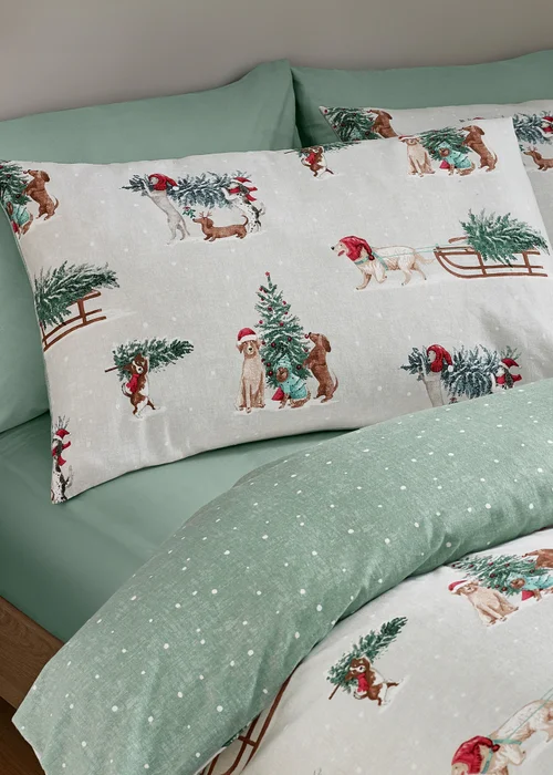 Catherine Lansfield Brushed Christmas Dogs Cotton Reversible Duvet Cover Set Green - Single Image 3