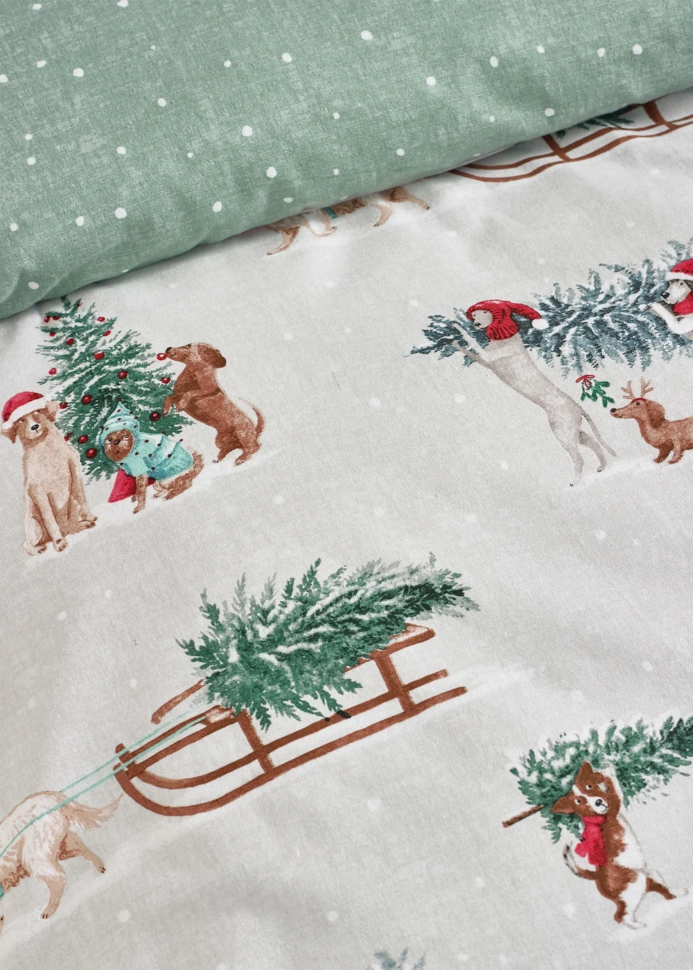 Catherine Lansfield Brushed Christmas Dogs Cotton Reversible Duvet Cover Set Green - Single Image 4