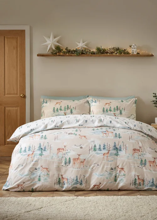 Catherine Lansfield Brushed Christmas Deer Cotton Reversible Duvet Cover Set Natural - Single Image 1
