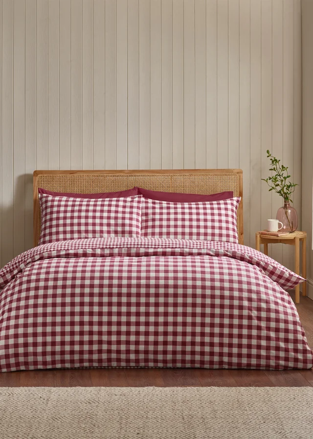 Catherine Lansfield Brushed Gingham Check Reversible Duvet Cover Set Burgundy