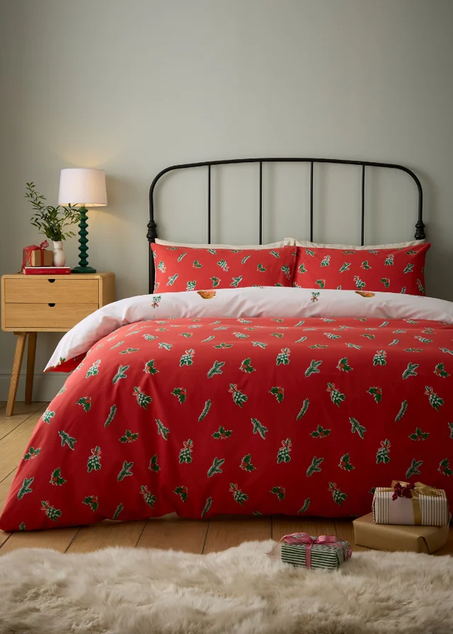 Catherine Lansfield Christmas Robins Reversible Duvet Cover Set Red