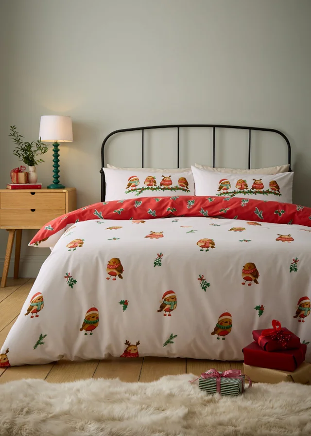Catherine Lansfield Christmas Robins Reversible Duvet Cover Set Red