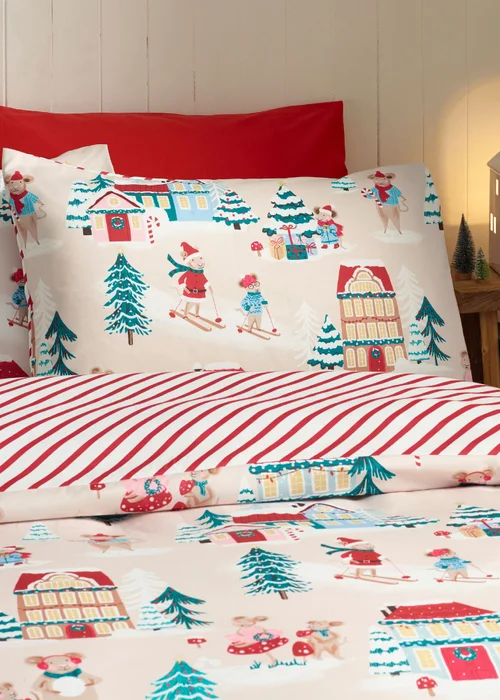 Catherine Lansfield Christmas Mouse Town Reversible Duvet Cover Set Natural - Single Image 3