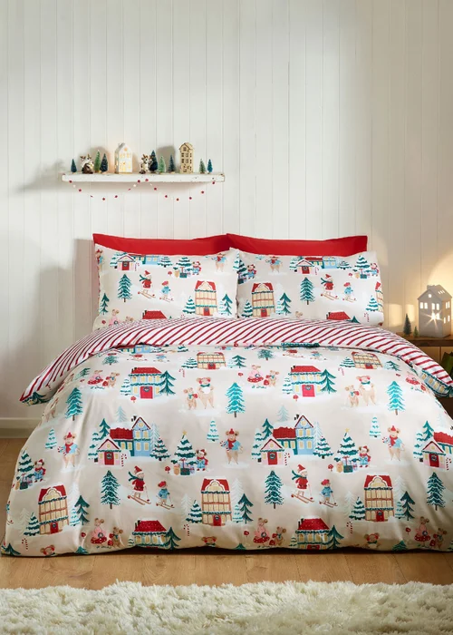 Catherine Lansfield Christmas Mouse Town Reversible Duvet Cover Set Natural - Single Image 1