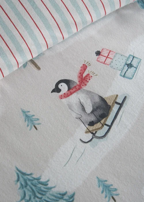 Catherine Lansfield Brushed Christmas Penguins Cotton Reversible Duvet Cover Set Green - Single Image 4