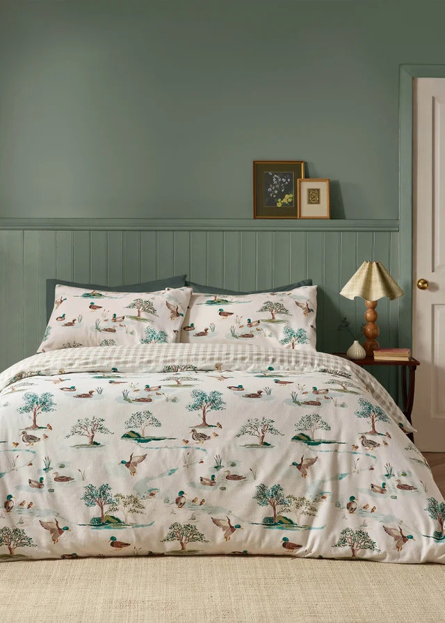 Catherine Lansfield Brushed Mallards Cotton Reversible Duvet Cover Set Cream