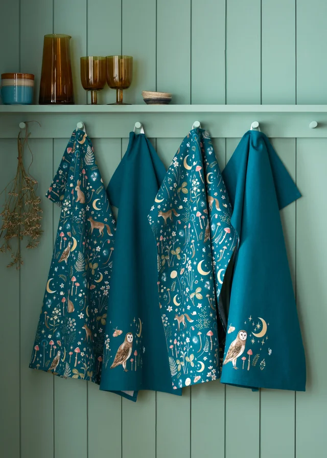 Catherine Lansfield Enchanted Twilight Animals Cotton 50x70cm Kitchen Tea Towel Pack of 4 Green