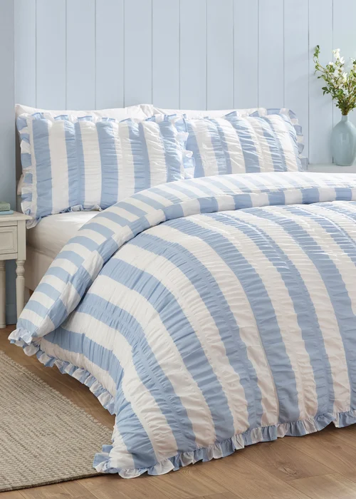 Catherine Lansfield Seersucker Frill Stripe Duvet Cover Set Blue - Single Image 1