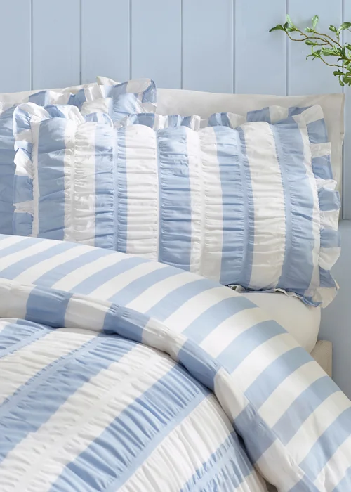 Catherine Lansfield Seersucker Frill Stripe Duvet Cover Set Blue - Single Image 2