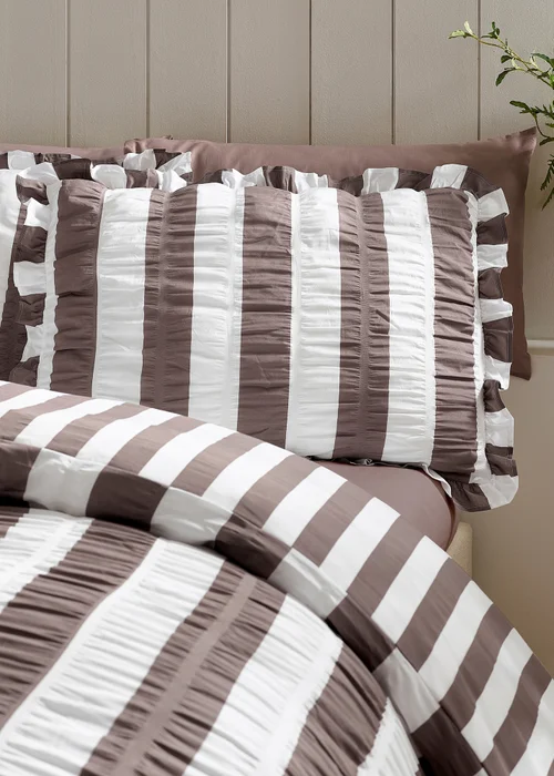 Catherine Lansfield Seersucker Frill Stripe Duvet Cover Set Chocolate - Single Image 2