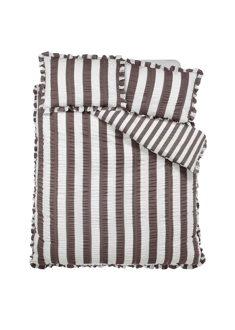 Catherine Lansfield Seersucker Frill Stripe Duvet Cover Set Chocolate - Single Image 4