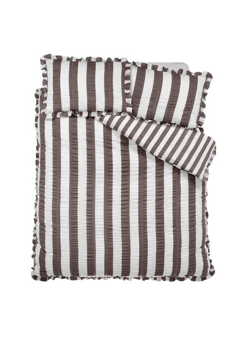 Catherine Lansfield Seersucker Frill Stripe Duvet Cover Set Chocolate - Single Image 4