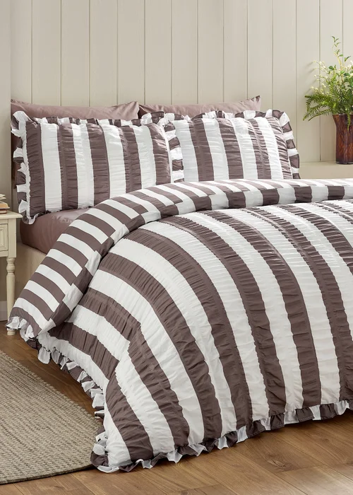 Catherine Lansfield Seersucker Frill Stripe Duvet Cover Set Chocolate - Single Image 1