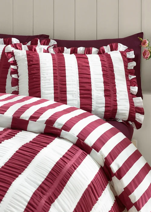 Catherine Lansfield Seersucker Frill Stripe Duvet Cover Set Plum - Single Image 2