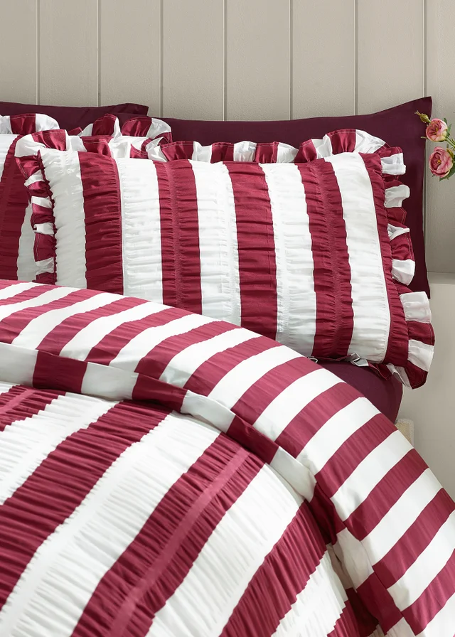 Catherine Lansfield Seersucker Frill Stripe Duvet Cover Set Plum