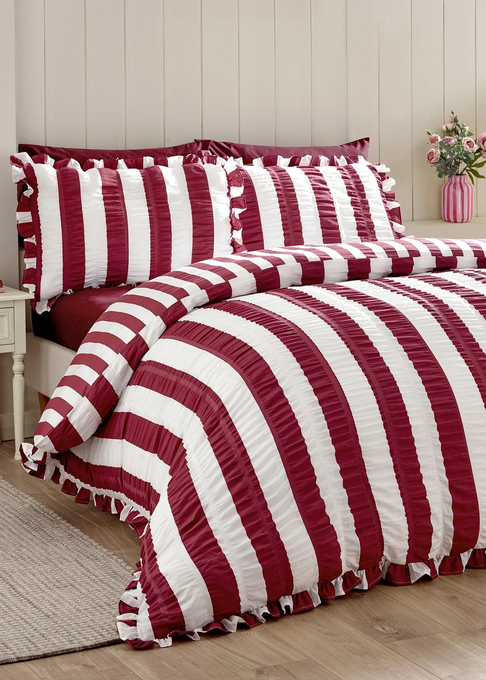 Catherine Lansfield Seersucker Frill Stripe Duvet Cover Set Plum - Single Image 1