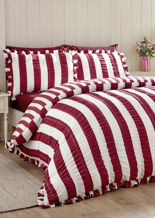 Catherine Lansfield Seersucker Frill Stripe Duvet Cover Set Plum - Single Image 1
