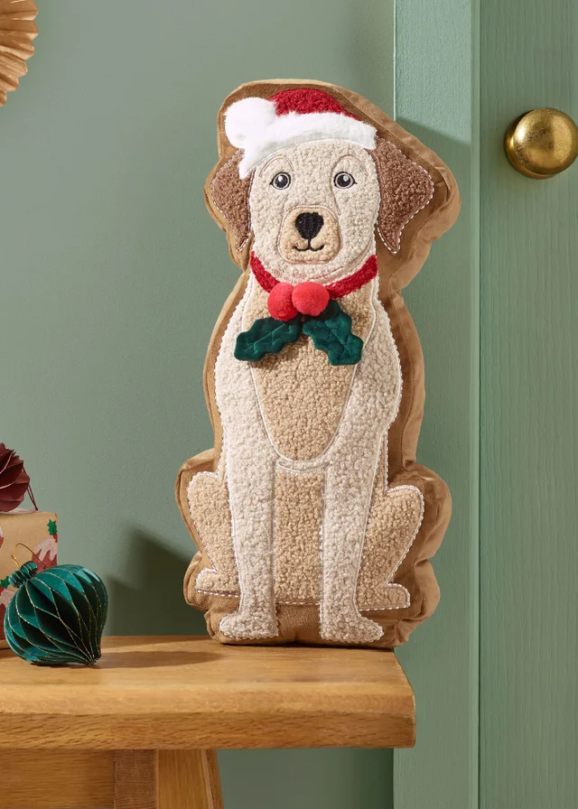 Catherine Lansfield Christmas Dog 20x35cm 3D Shaped Cushion Cream / Red