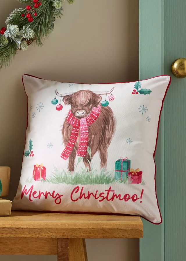 Catherine Lansfield Merry Christmoo Soft Touch 45x45cm Cushion Natural