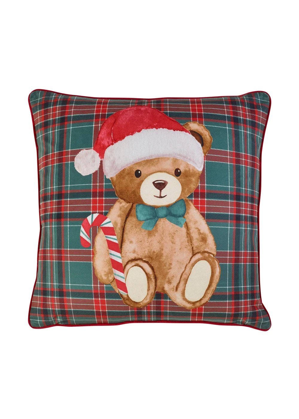 Catherine Lansfield Christmas Tartan Teddy Bear 45x45cm Cushion Green - 45cm x 45cm Image 1