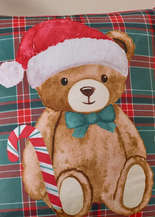 Catherine Lansfield Christmas Tartan Teddy Bear 45x45cm Cushion Green - 45cm x 45cm Image 3