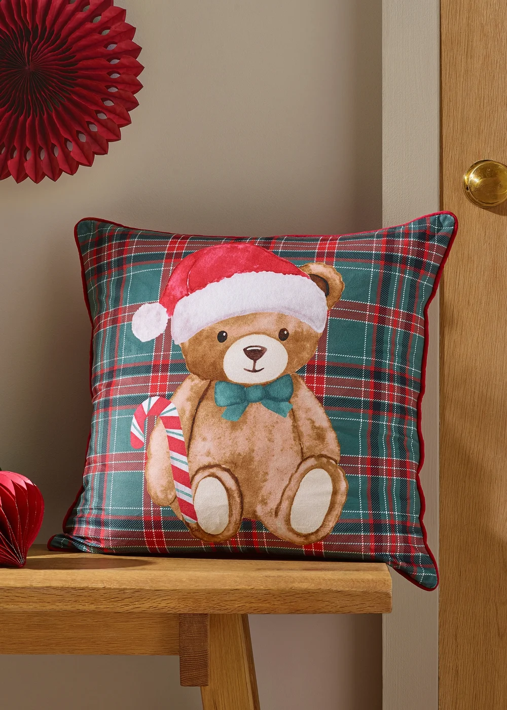 Catherine Lansfield Christmas Tartan Teddy Bear 45x45cm Cushion Green - 45cm x 45cm Image 2