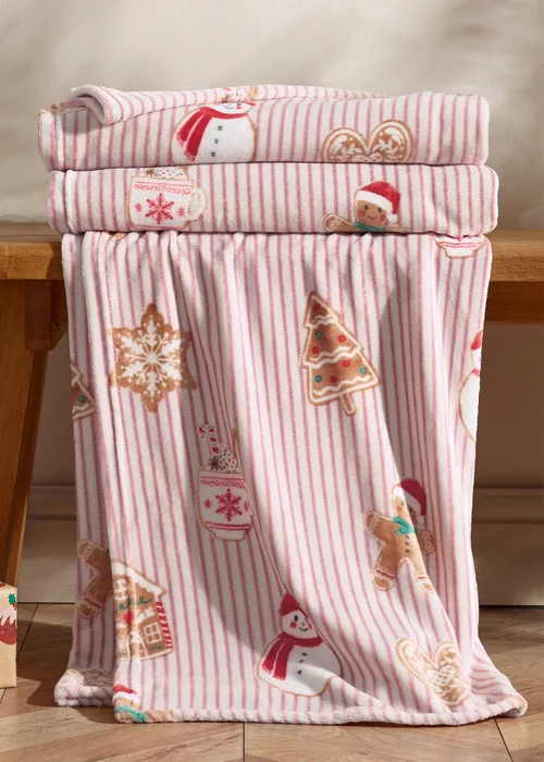 Catherine Lansfield Christmas Gingerbread Stripe Cosy Fleece 130x170cm Blanket Throw Natural - One Size Image 1