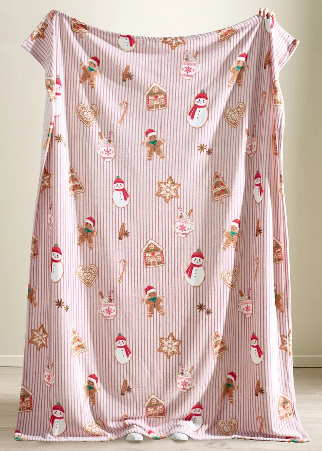 Catherine Lansfield Christmas Gingerbread Stripe Cosy Fleece 130x170cm Blanket Throw Natural