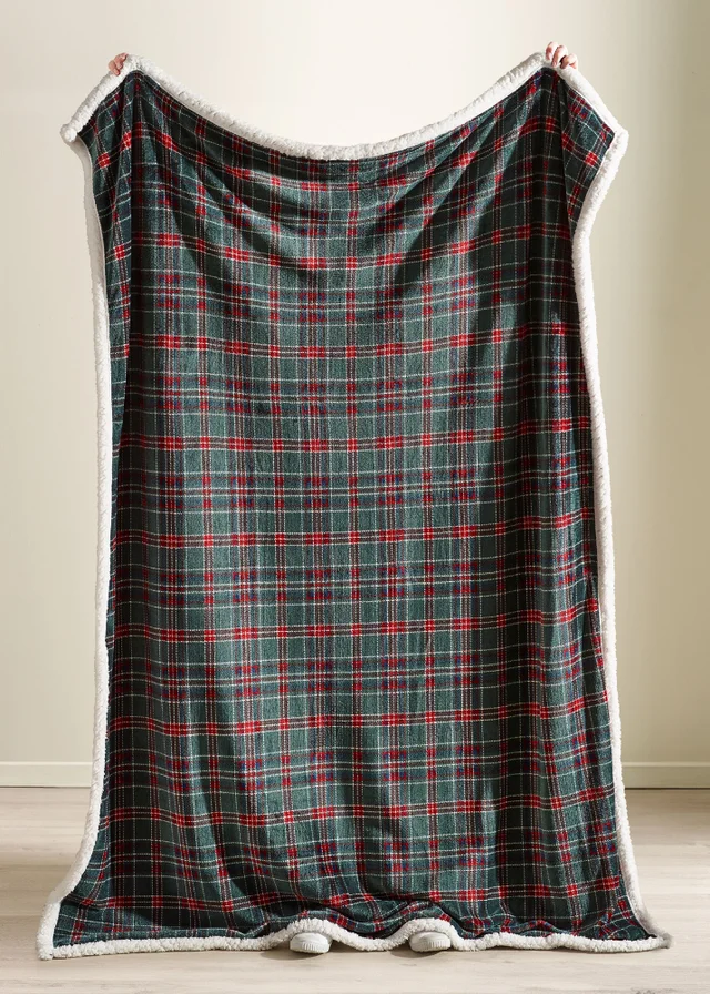 Catherine Lansfield Tartan Sherpa Check Cosy Fleece 130x170cm Blanket Throw Green