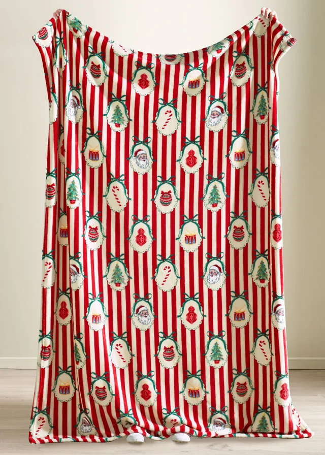 Catherine Lansfield Christmas Vintage Stripe Cosy Fleece 130x170cm Blanket Throw Red