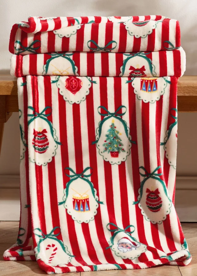 Catherine Lansfield Christmas Vintage Stripe Cosy Fleece 130x170cm Blanket Throw Red