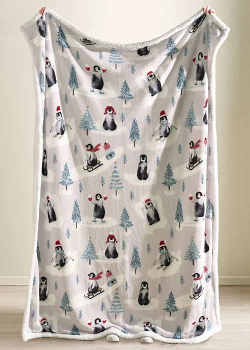 Catherine Lansfield Christmas Sherpa Penguins Cosy 130x170cm Blanket Throw Natural - One Size Image 2