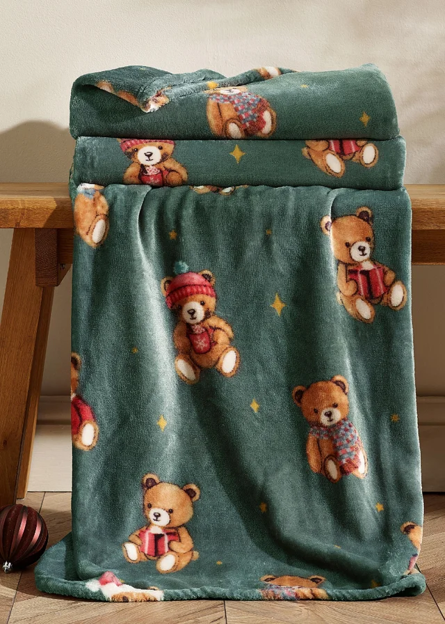 Catherine Lansfield Christmas Tartan Teddy Bear Fleece Cosy 130x170cm Blanket Throw Green