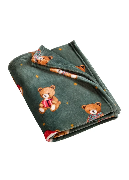 Catherine Lansfield Christmas Tartan Teddy Bear Fleece Cosy 130x170cm Blanket Throw Green - One Size Image 4