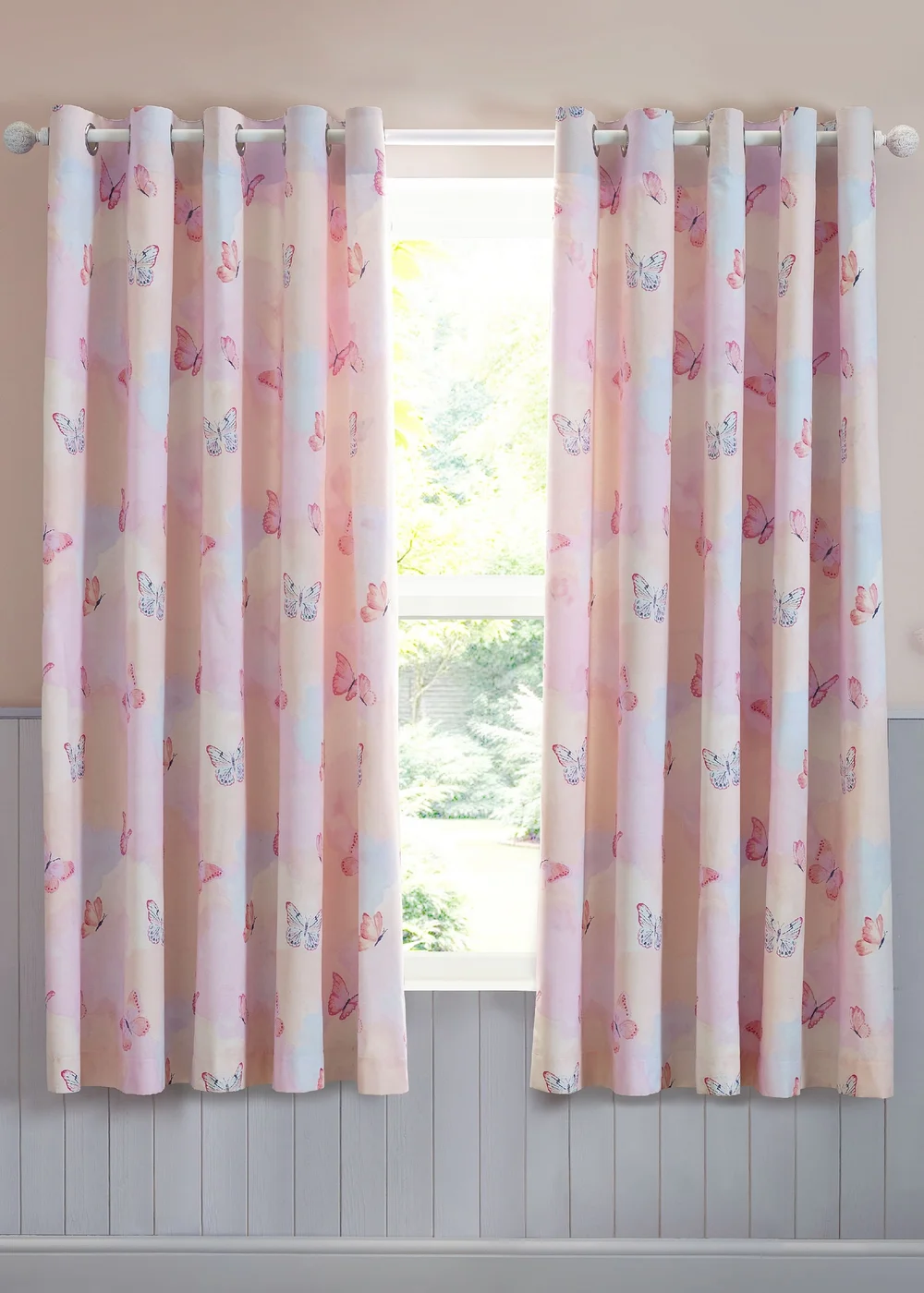 Catherine Lansfield Ombre Butterflies Fully Reversible Eyelet Curtains Two Panels Pink - 66W X 72D (168x183cm) Image 1