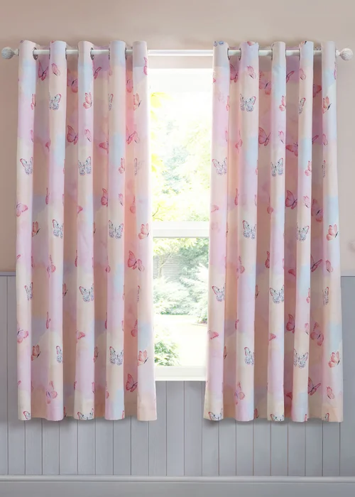 Catherine Lansfield Ombre Butterflies Fully Reversible Eyelet Curtains Two Panels Pink - 66W X 72D (168x183cm) Image 1
