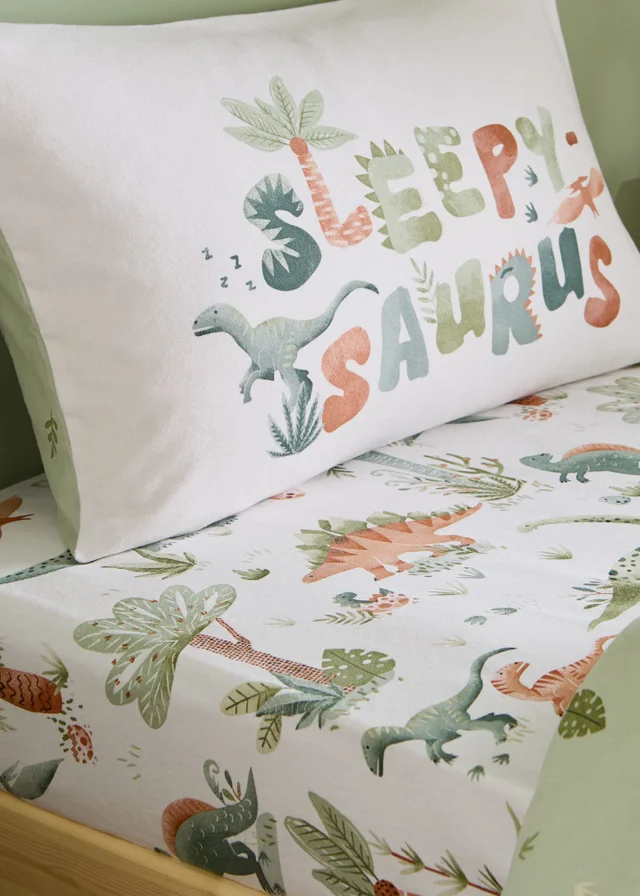 Catherine Lansfield Brushed Sleepy Saurus Dino Cotton Fitted Sheet Cream