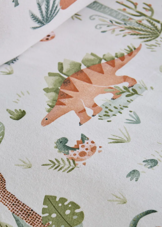 Catherine Lansfield Brushed Sleepy Saurus Dino Cotton Fitted Sheet Cream